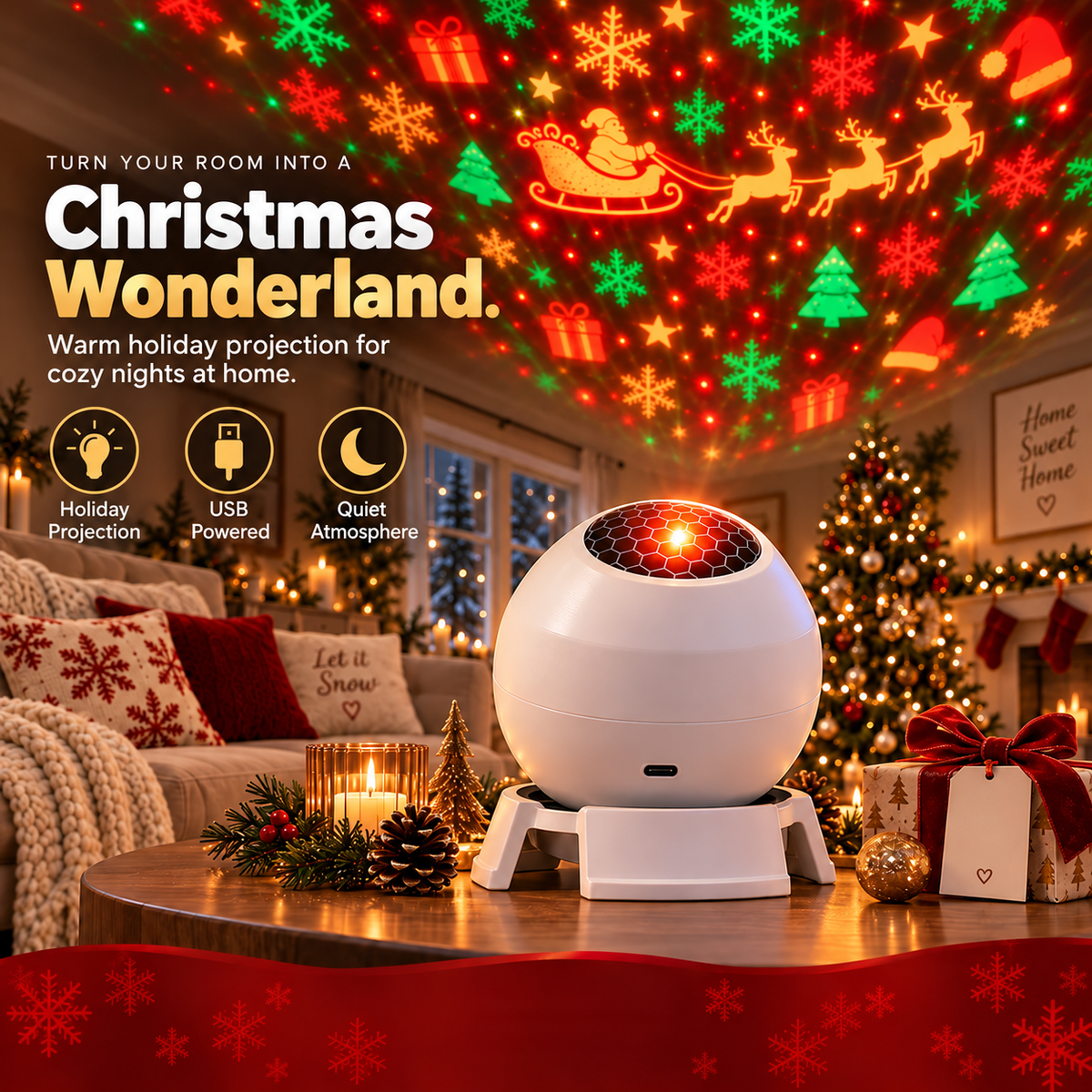 ✨ REBYIPO® Christmas Projection Light — USB-Powered Holiday Magic for Rooms & Ceilings 🎄