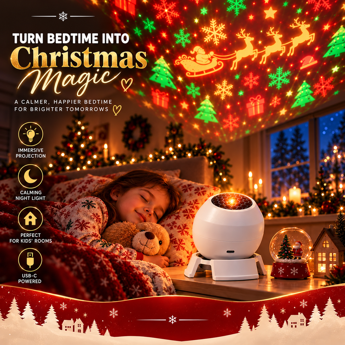 ✨ REBYIPO® Christmas Projection Light — USB-Powered Holiday Magic for Rooms & Ceilings 🎄