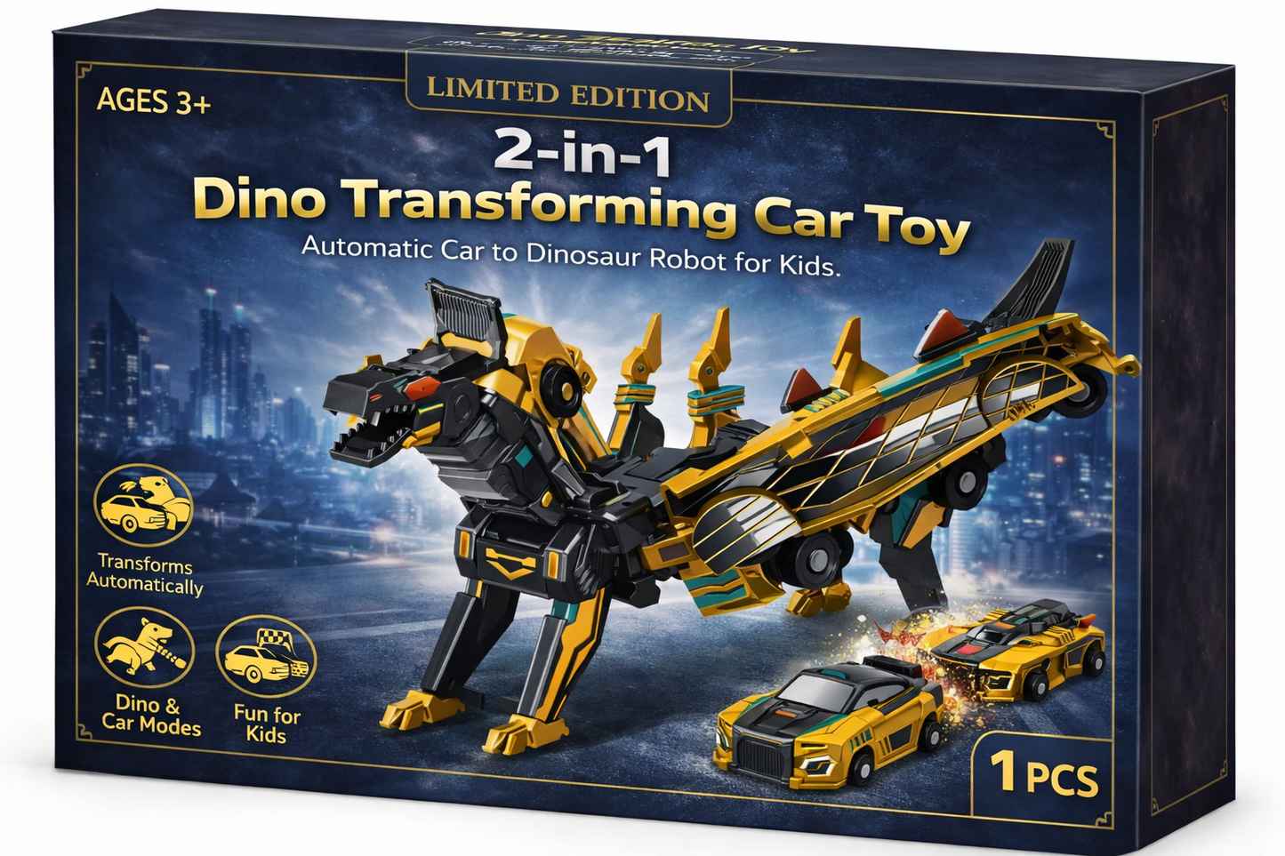 2-in-1 Dino Transforming Car Toy – Automatic Car to Dinosaur Robot for Kids