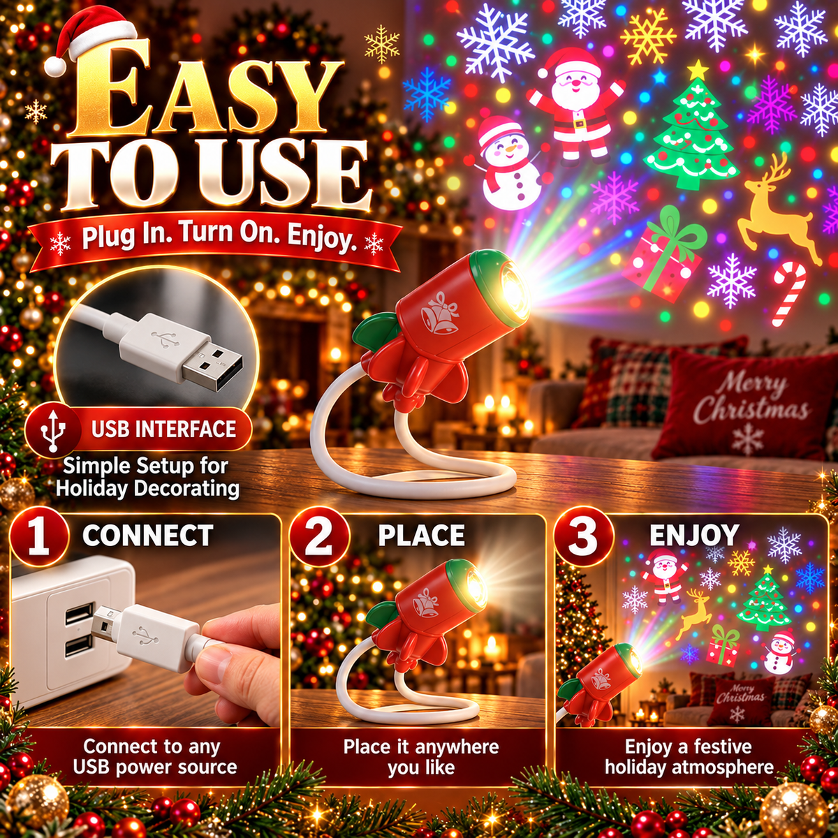 🎅 Toaimer® Christmas Projection Light — USB-Powered Christmas Magic for Every Room & Ceiling 🎄