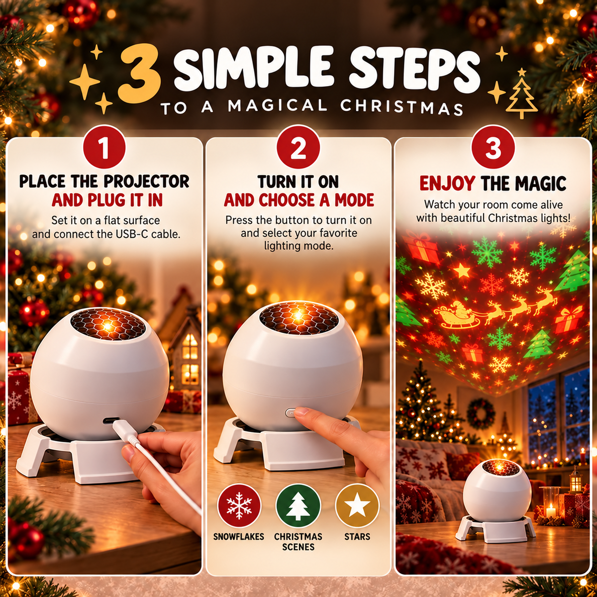 ✨ REBYIPO® Christmas Projection Light — USB-Powered Holiday Magic for Rooms & Ceilings 🎄