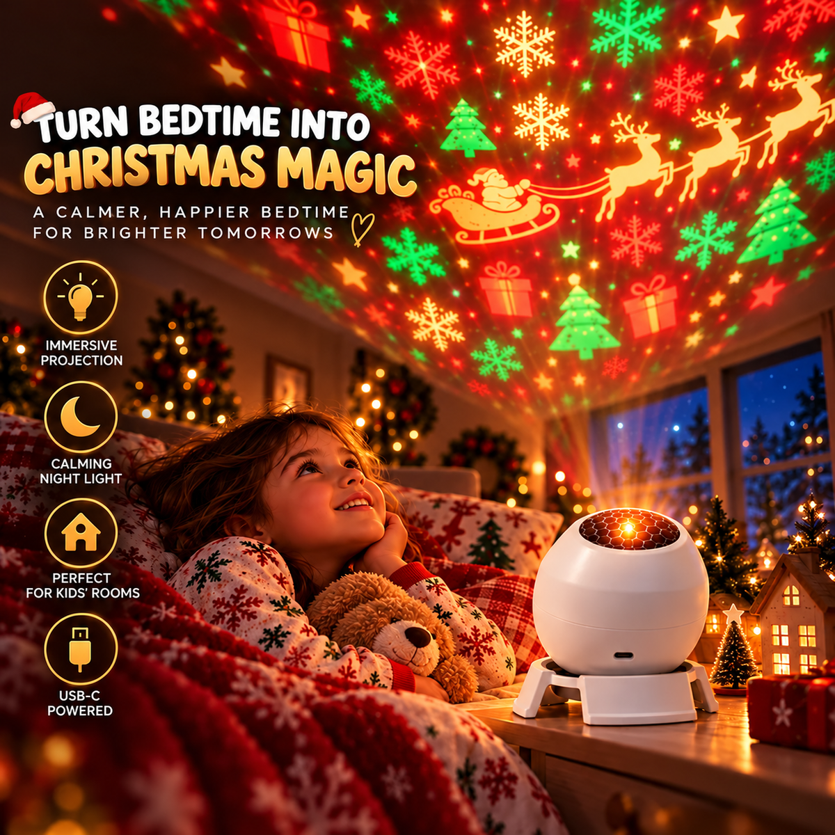✨ REBYIPO® Christmas Projection Light — USB-Powered Holiday Magic for Rooms & Ceilings 🎄